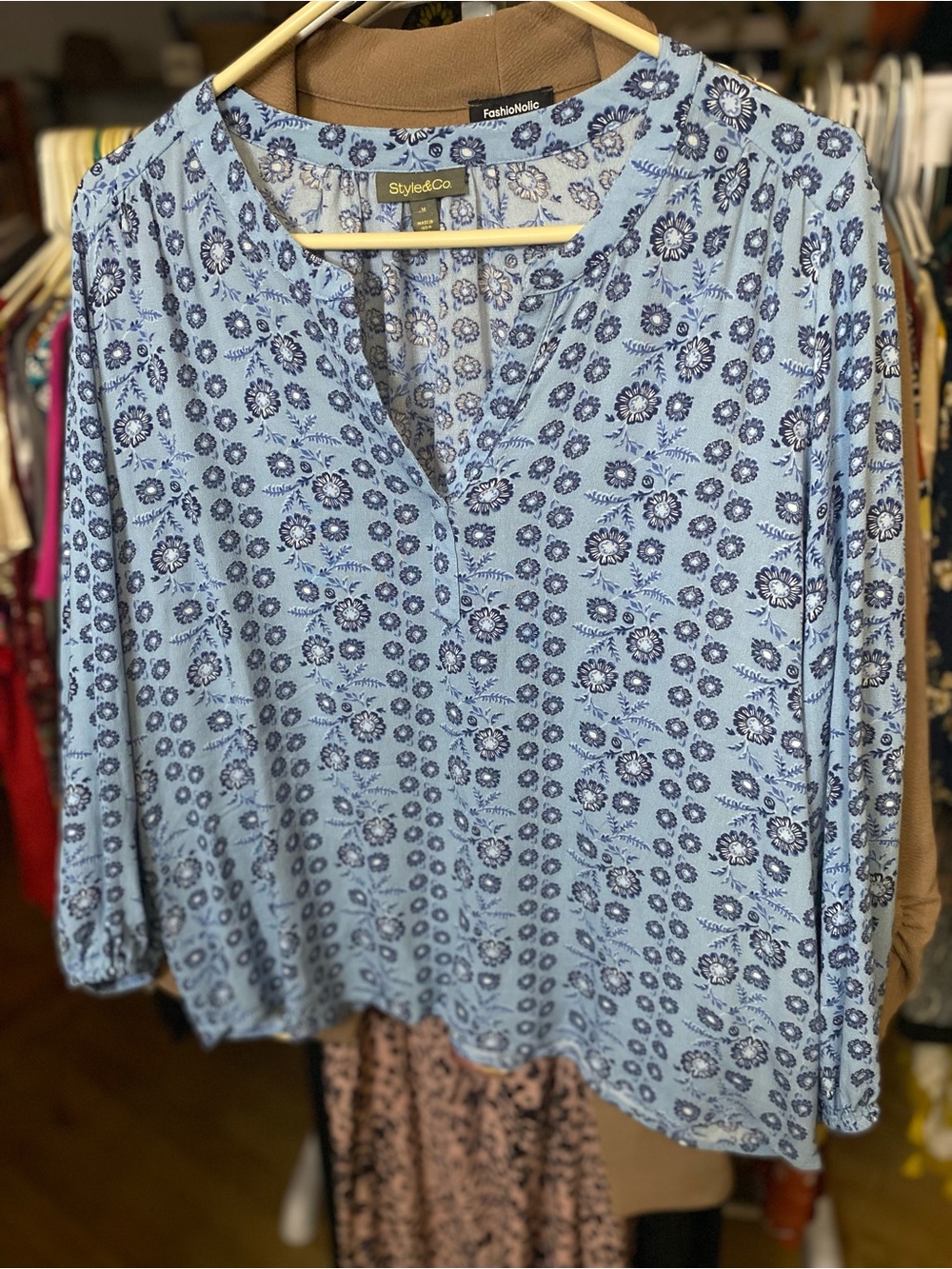 Style & Co. Light Blue Floral Print Split V-Neck Blouse